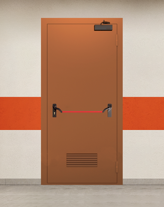 Противопожарная однопольная коричневая дверь EI 90 с ручкой антипаника, прямоугольной решеткой