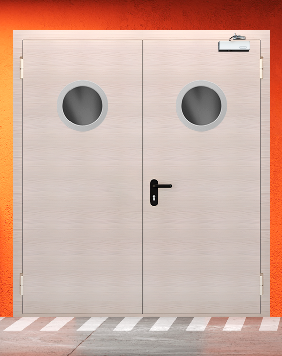 Противопожарная двупольная МДФ бежевая дверь с круглым окном