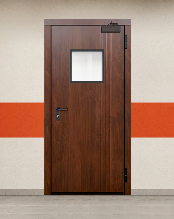 Противопожарная однопольная МДФ коричневая дверь EIS 90 с квадратным окном