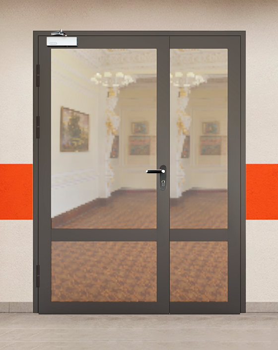 Противопожарная полуторная светопрозрачная стальная коричневая дверь с блестящей ручкой