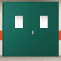 Ворота металлические двустворчатые зеленые с двумя окнами, блестящей ручкой