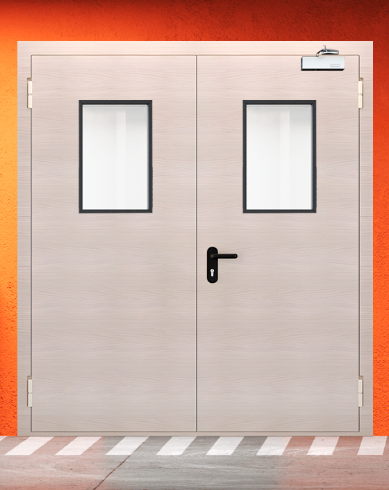 Противопожарная двупольная МДФ бежевая дверь с прямоугольным окном