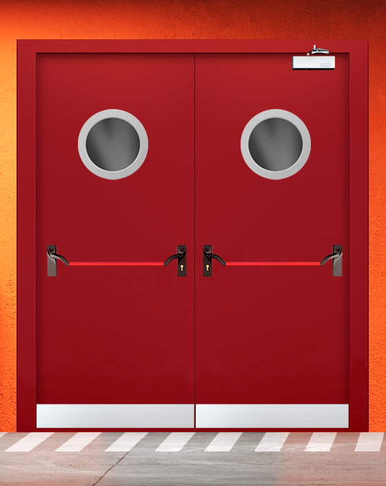 Противопожарная двупольная красная дверь EIW 45 с ручкой антипаника, круглым окном, узким отбойником
