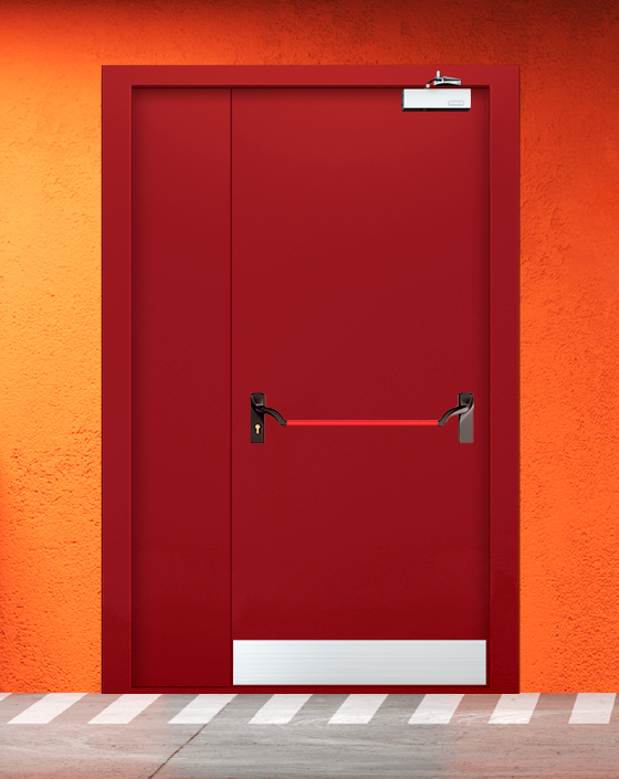 Противопожарная полуторная красная дверь EIW 60 с ручкой антипаника, узким отбойником