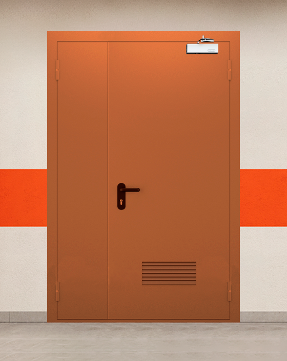 Противопожарная полуторная коричневая дверь EI 45 с прямоугольной решеткой