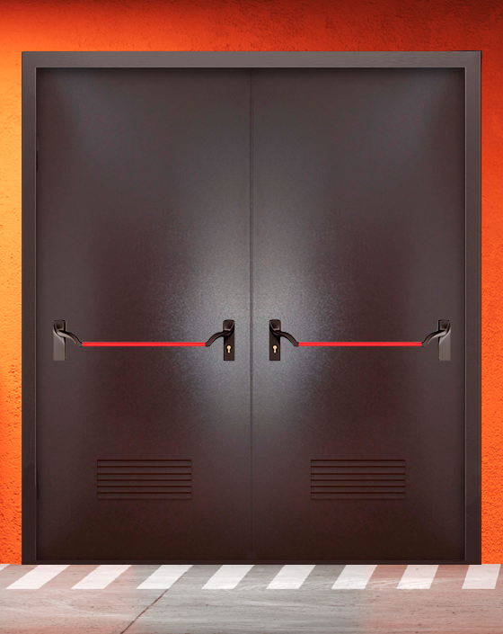 Противопожарная двупольная коричневая дверь порошковым напылением EIWS 60 без доводчика с ручкой антипаника, прямоугольной решеткой