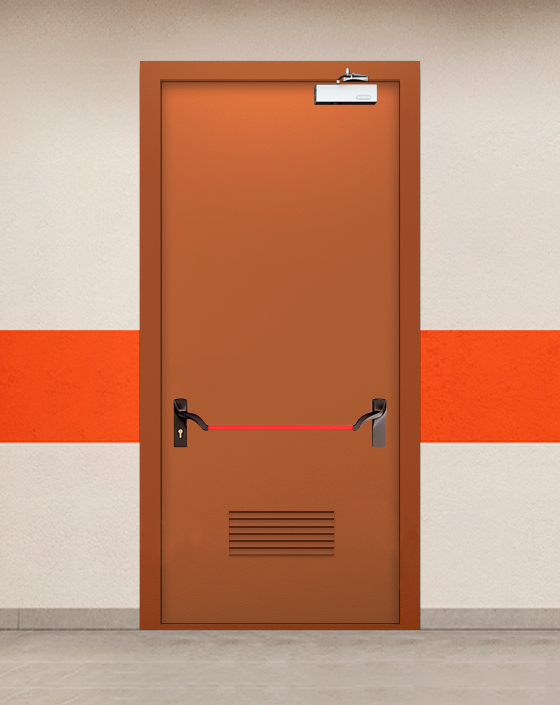 Противопожарная однопольная коричневая дверь EIW 60 с ручкой антипаника, прямоугольной решеткой