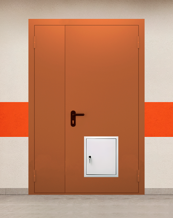 Противопожарная полуторная коричневая дверь EI 45 без доводчика с стыковочным узлом