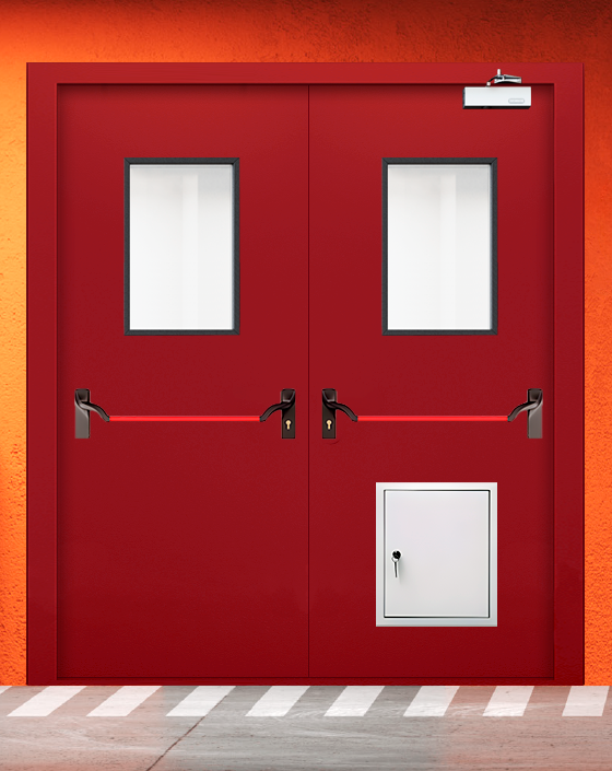 Противопожарная двупольная красная дверь EIW 45 с ручкой антипаника, прямоугольным окном, стыковочным узлом
