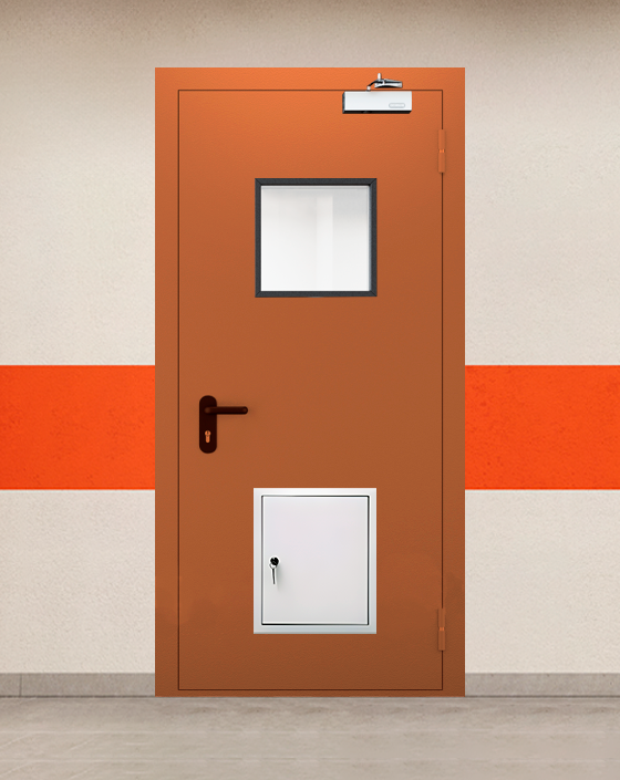 Противопожарная однопольная коричневая дверь EI 60 (2-го типа) с квадратным окном, стыковочным узлом