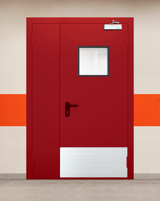 Противопожарная полуторная красная дверь EI 60 (2-го типа) с квадратным окном, широким отбойником