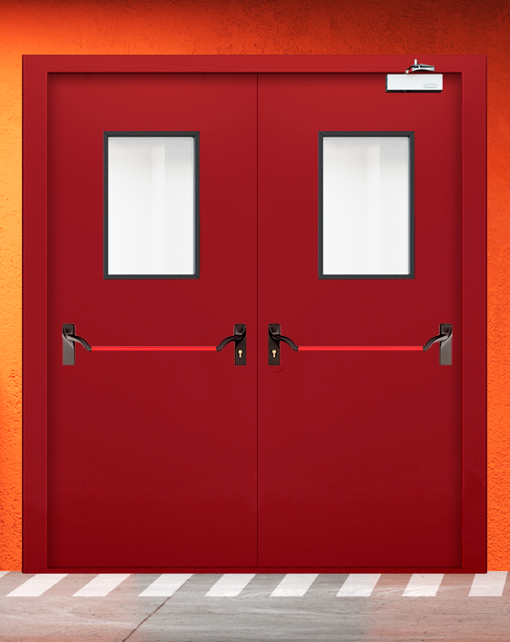 Противопожарная двупольная красная дверь EIW 45 с ручкой антипаника, прямоугольным окном