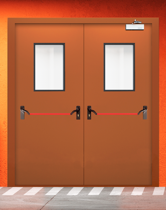 Противопожарная двупольная коричневая дверь EIS 60 с ручкой антипаника, прямоугольным окном