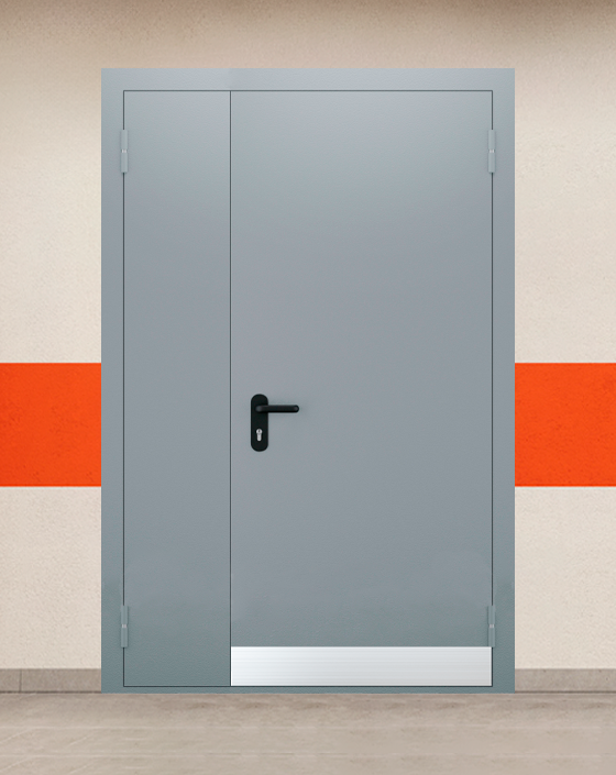 Противопожарная полуторная серая дверь EI 30 (3-го типа) без доводчика с узким отбойником