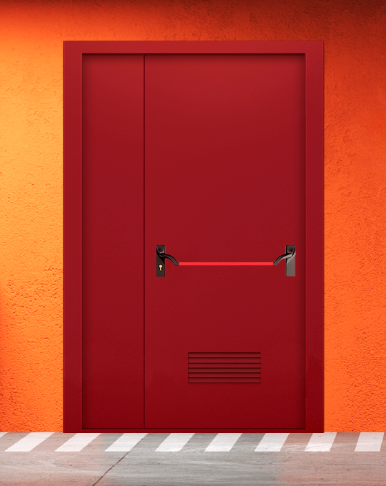 Противопожарная полуторная красная дверь EIW 60 без доводчика с ручкой антипаника, прямоугольной решеткой