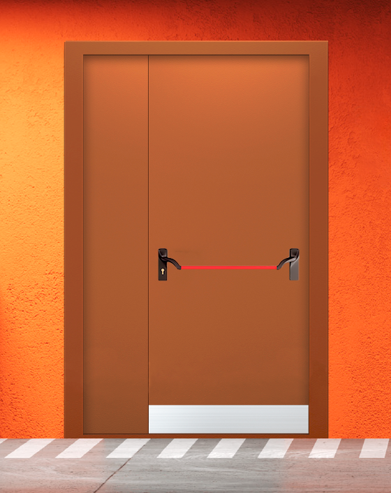 Противопожарная полуторная коричневая дверь EIS 60 без доводчика с ручкой антипаника, узким отбойником