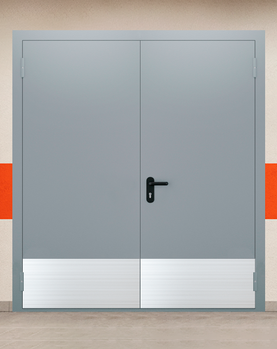 Противопожарная двупольная серая дверь EI-90 без доводчика с широким отбойником