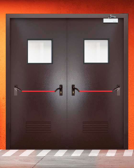 Противопожарная двупольная коричневая дверь порошковым напылением EIWS 60 с ручкой антипаника, квадратным окном, прямоугольной решеткой