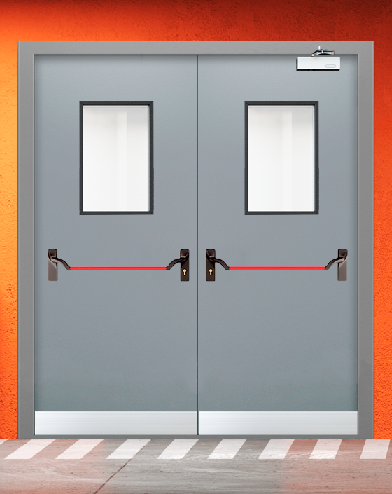 Противопожарная двупольная серая дверь EI 30 (3-го типа) с ручкой антипаника, прямоугольным окном, узким отбойником