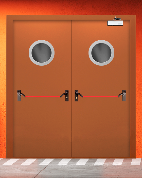 Противопожарная двупольная коричневая дверь EIS 60 с ручкой антипаника, круглым окном