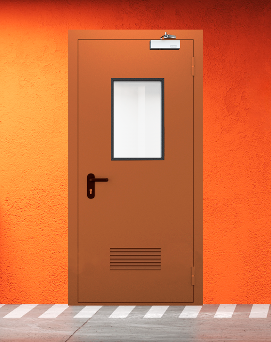 Противопожарная однопольная коричневая дверь EI 60 (2-го типа) с прямоугольным окном, прямоугольной решеткой