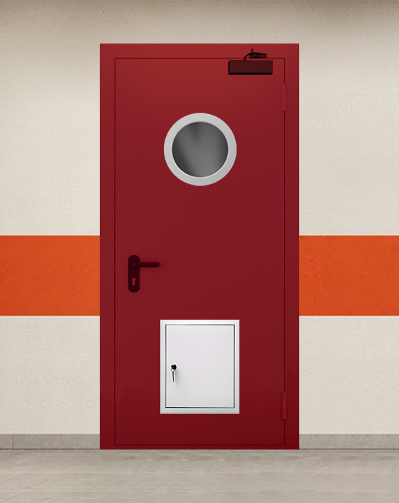 Противопожарная однопольная красная дверь EI 45 с круглым окном, стыковочным узлом