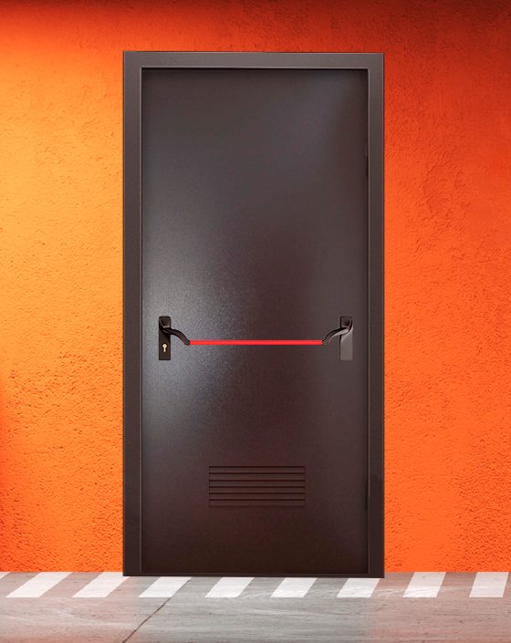 Противопожарная однопольная коричневая дверь порошковым напылением EIWS 45 без доводчика с ручкой антипаника, прямоугольной решеткой