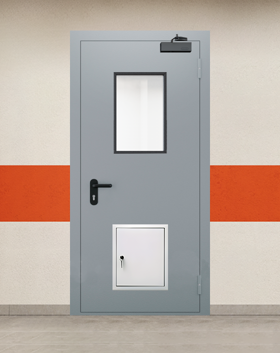 Противопожарная однопольная серая дверь EI 45 с прямоугольным окном, стыковочным узлом