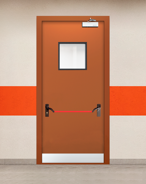 Противопожарная однопольная коричневая дверь EIW 60 с ручкой антипаника, квадратным окном, узким отбойником