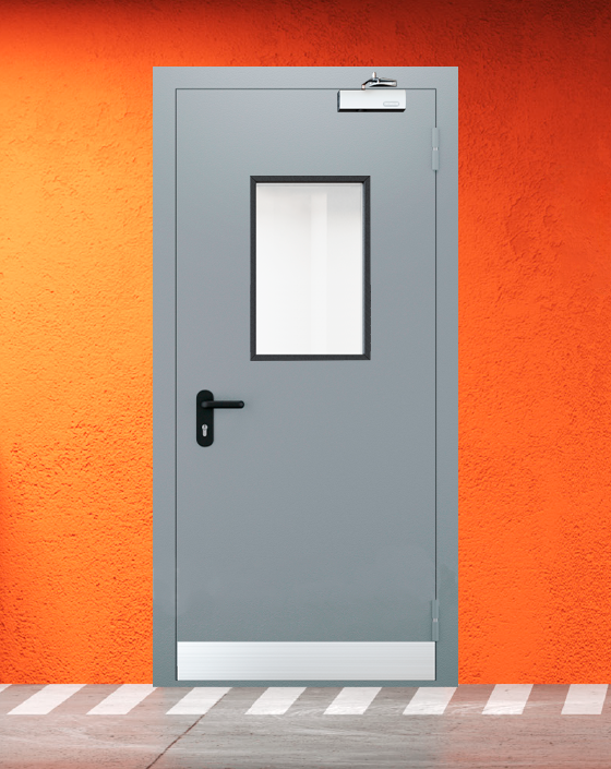 Противопожарная однопольная серая дверь EI 30 (3-го типа) с прямоугольным окном, узким отбойником