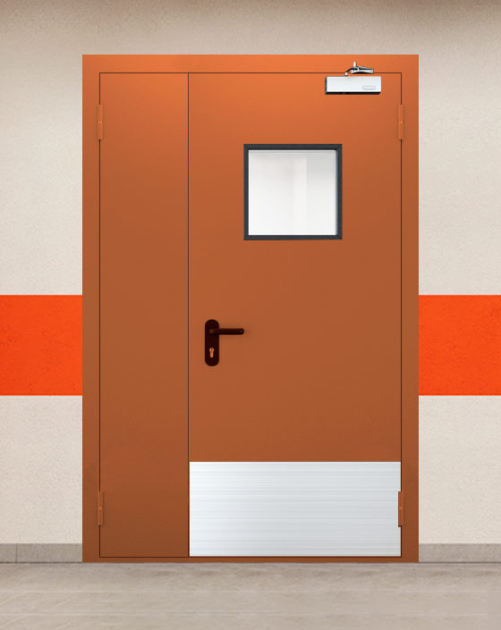 Противопожарная полуторная коричневая дверь EI 45 с квадратным окном, широким отбойником