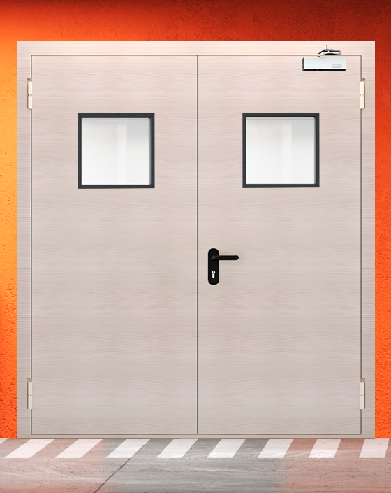 Противопожарная двупольная МДФ бежевая дверь с квадратным окном