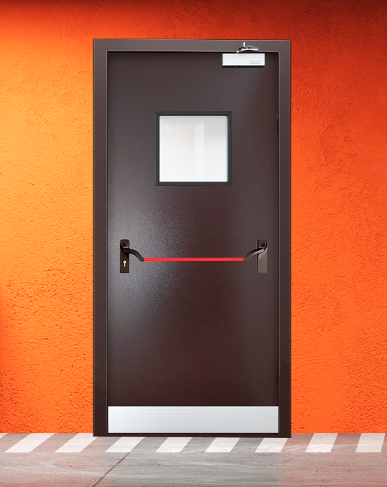 Противопожарная однопольная коричневая дверь порошковым напылением EIWS 45 с ручкой антипаника, квадратным окном, узким отбойником