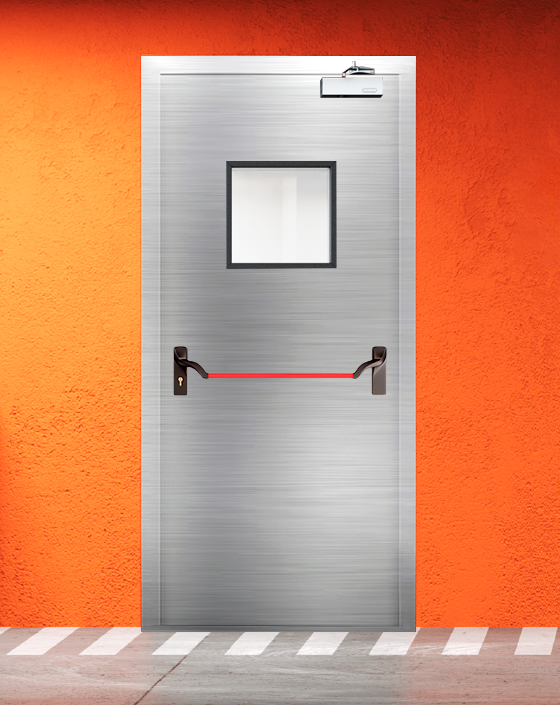 Противопожарная однопольная из нержавеющей стали серая дверь EIS 45 с ручкой антипаника, квадратным окном