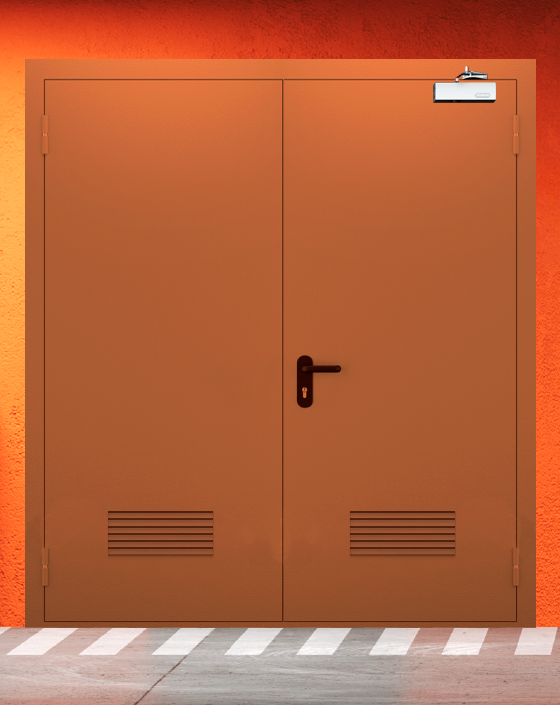 Противопожарная двупольная коричневая дверь EIS 60 с прямоугольной решеткой