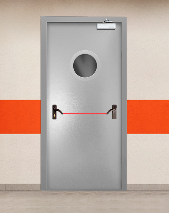 Противопожарная однопольная серая дверь порошковым напылением EIS 45 с ручкой антипаника, круглым окном