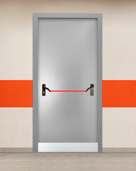 Противопожарная однопольная серая дверь порошковым напылением EIS 45 без доводчика с ручкой антипаника, узким отбойником