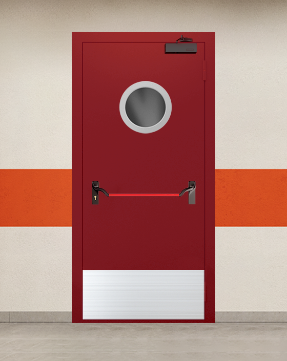 Противопожарная однопольная красная дверь EI 90 с ручкой антипаника, круглым окном, широким отбойником