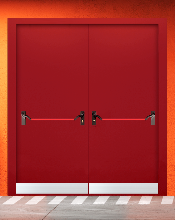 Противопожарная двупольная красная дверь EIW 45 без доводчика с ручкой антипаника, узким отбойником