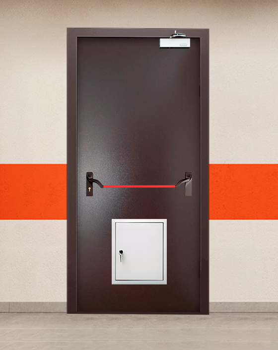 Противопожарная однопольная коричневая дверь порошковым напылением EIWS 45 с ручкой антипаника, стыковочным узлом