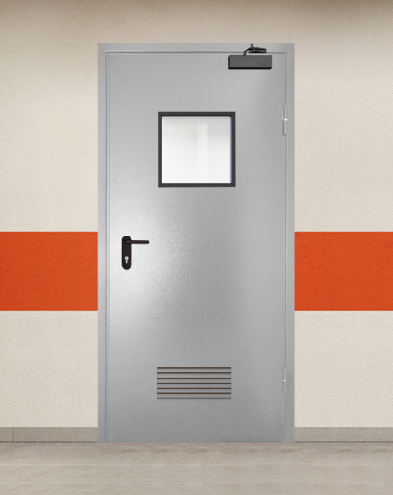 Противопожарная однопольная серая дверь порошковым напылением EI 90 с квадратным окном, прямоугольной решеткой