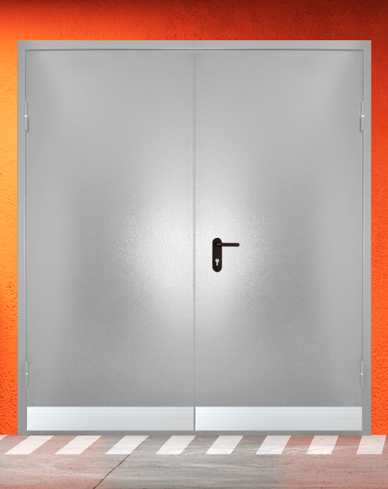 Противопожарная двупольная серая дверь порошковым напылением EIW 30 без доводчика с узким отбойником