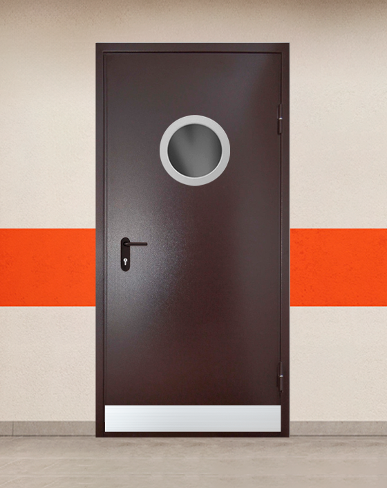 Противопожарная однопольная коричневая дверь порошковым напылением EIS 30 с круглым окном, узким отбойником без доводчика