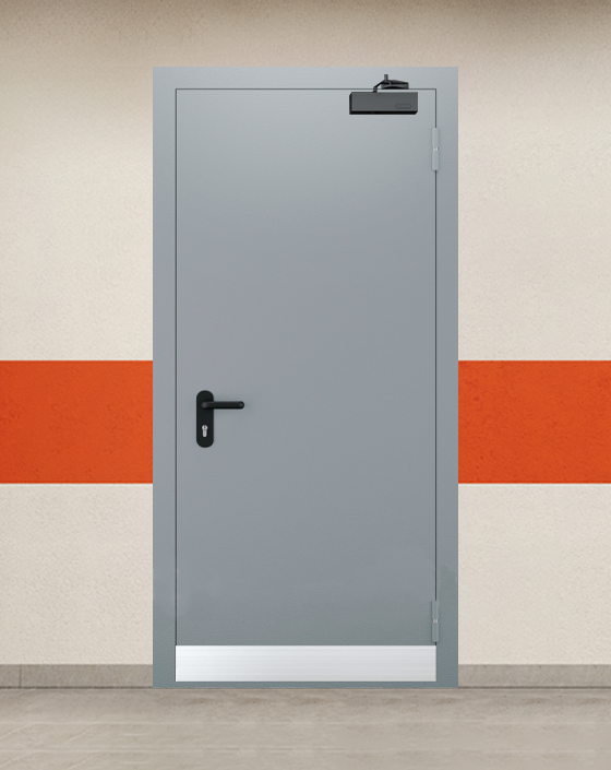 Противопожарная однопольная серая дверь EI 45 с узким отбойником