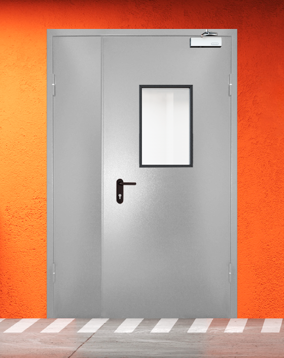 Противопожарная полуторная серая дверь порошковым напылением EIS 45 с прямоугольным окном