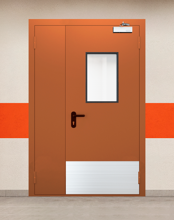 Противопожарная полуторная коричневая дверь EI 45 с прямоугольным окном, широким отбойником