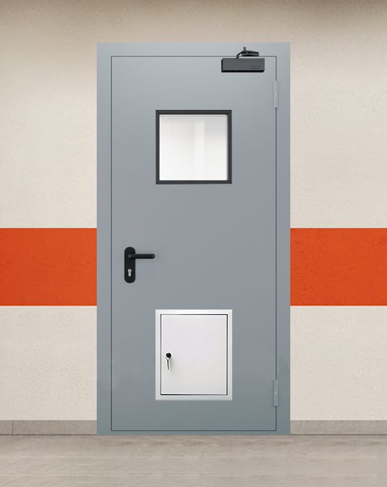 Противопожарная однопольная серая дверь EI 45 с квадратным окном, стыковочным узлом