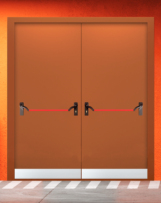 Противопожарная двупольная коричневая дверь EIS 60 без доводчика с ручкой антипаника, узким отбойником