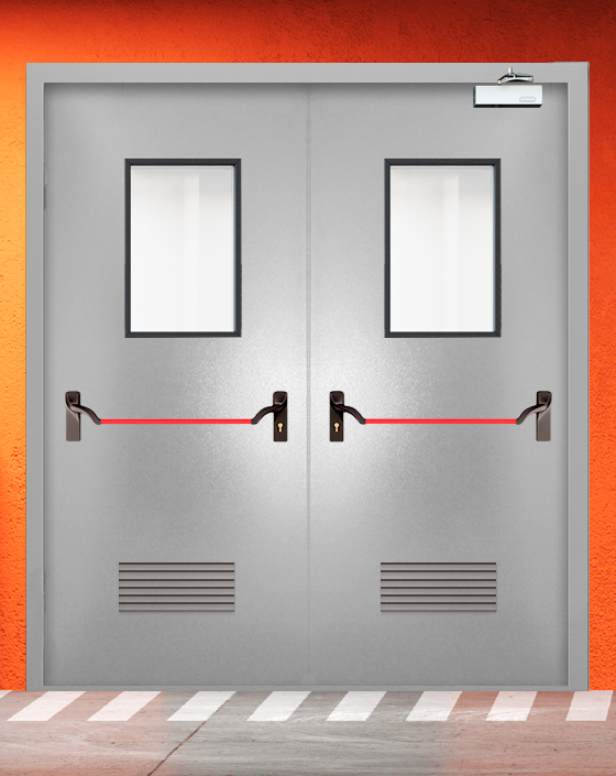 Противопожарная двупольная серая дверь порошковым напылением EIS 30 с ручкой антипаника, прямоугольным окном, прямоугольной решеткой