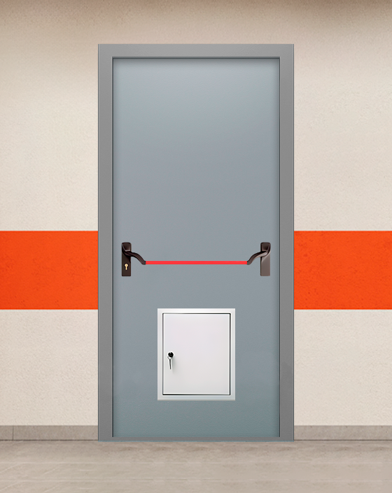 Противопожарная однопольная серая дверь EIS 60 без доводчика с ручкой антипаника, стыковочным узлом